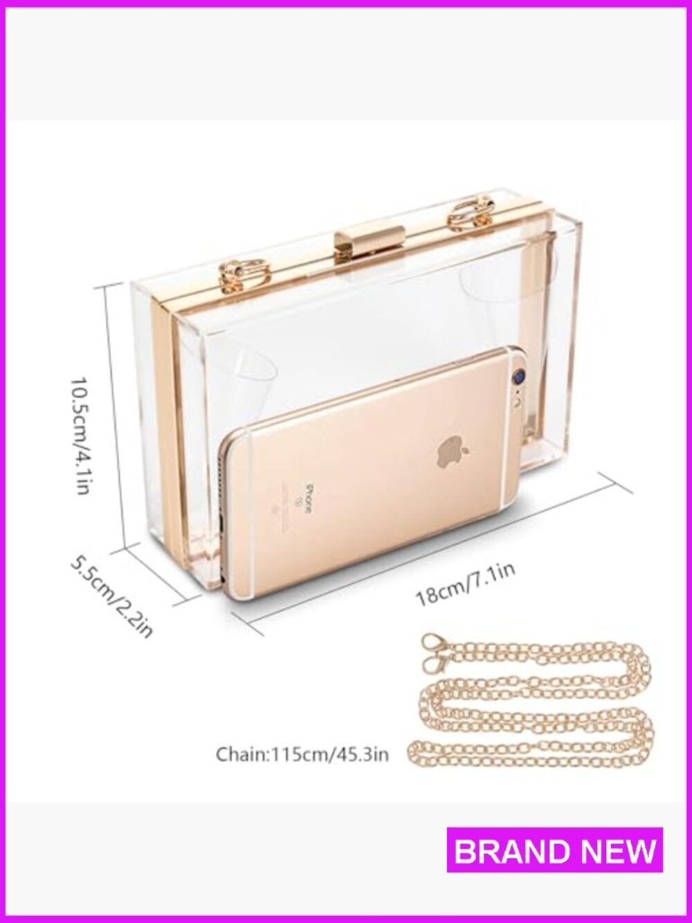 Clear Acrylic Crossbody Purse - Stadium Approved Box Clutch with Gold Chain - Picture 4 of 7